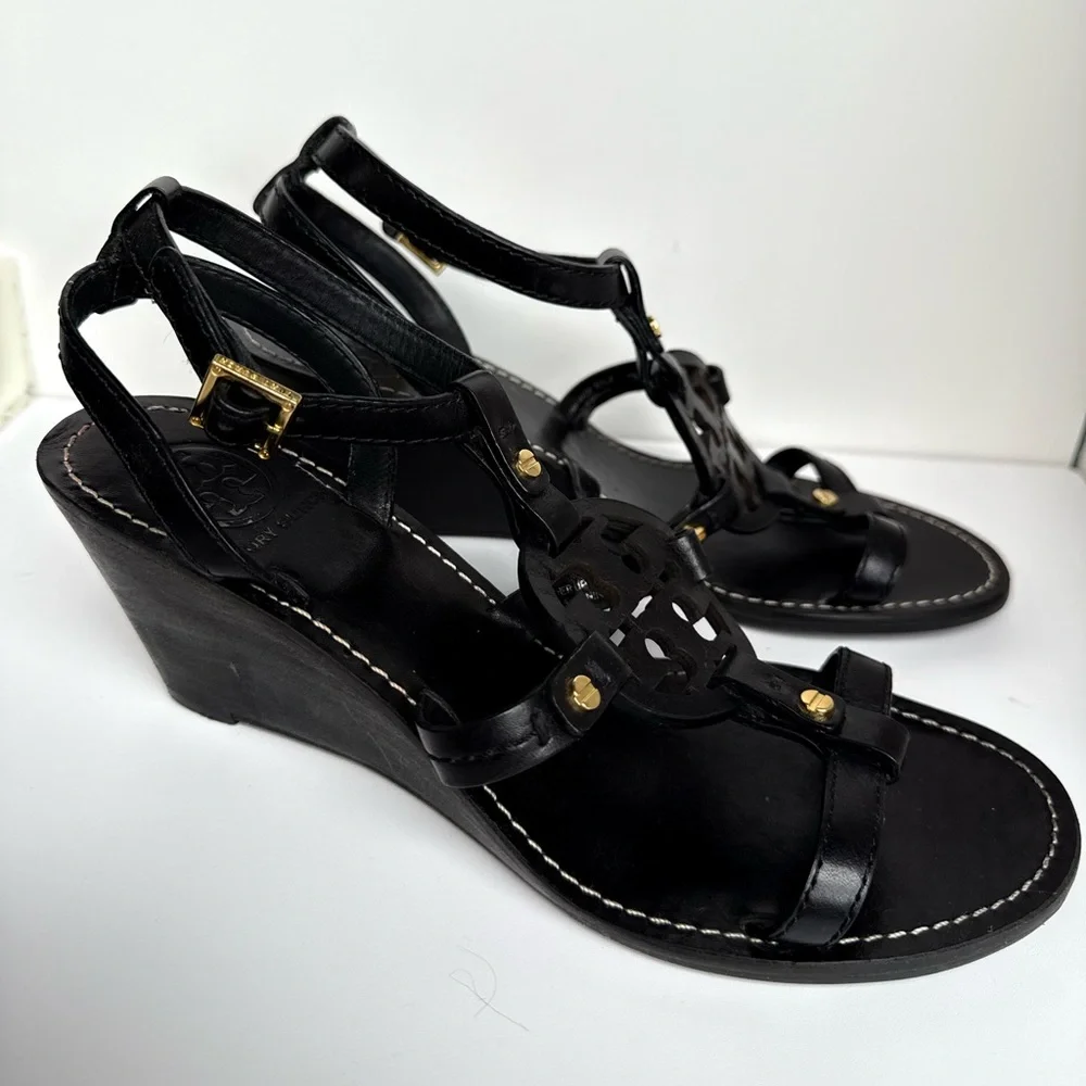 Tory Burch Black Leather Miller Logo Wedge Ankle Strap Sandals Size‎ 7M